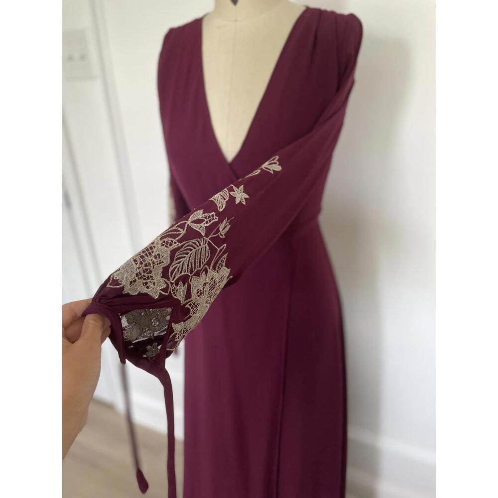Soieblu - Long Sleeve Burgundy Maxi Dress with Embroidered Sheer Sleeves, size S - Picture 2 of 9